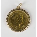 An Elizabeth II sovereign 2000, in a 9ct gold pendant mount.Buyer’s Premium 29.4% (including VAT @