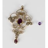 A gold, seed pearl and gem set pendant, pierced in an openwork design, detailed '9ct', length 3.7cm,