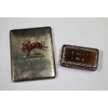 A George V silver and enamel cigarette case, the front painted with a scene of a horse refusing