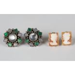 A pair of moonstone, dyed green and grey agate cluster earstuds with post and butterfly fittings,
