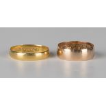 A Victorian 22ct gold plain wedding ring, London 1882, ring size approx O1/2, and a 9ct gold wedding
