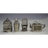 A small group of Chinese silver miniatures, comprising a rectangular teapot, maker's mark 'WF' to