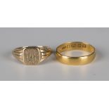 A 22ct gold wedding band ring, Birmingham 1920, ring size approx P, and a 9ct gold signet ring,
