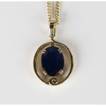 An 18ct gold and sapphire single stone pendant, claw set with an oval cut sapphire within an