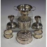 A small group of silver items, comprising an embossed circular box and cover, Birmingham 1896,