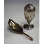 A George III silver pounce pot, the ovoid body and pierced dome cover chased with flowers and