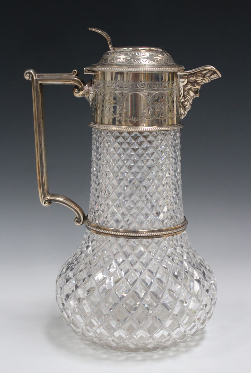 A late Victorian silver mounted cut glass claret jug, the low-bellied body with silver collar, - Image 3 of 5