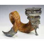A Victorian plated and horn inkwell of snuff mull form, by Walker & Hall, the plated mounts and