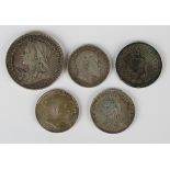 A Victoria Old Head crown 1896, a Victoria Jubilee Head florin 1887, two Edward VII florins 1910 and