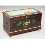 A Victorian painted pine trunk, the top decorated with a naval battle scene, the front with an