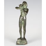 Mary Kynaston Watts-Jones - Hannah and her Cat, an early 20th century green patinated cast bronze