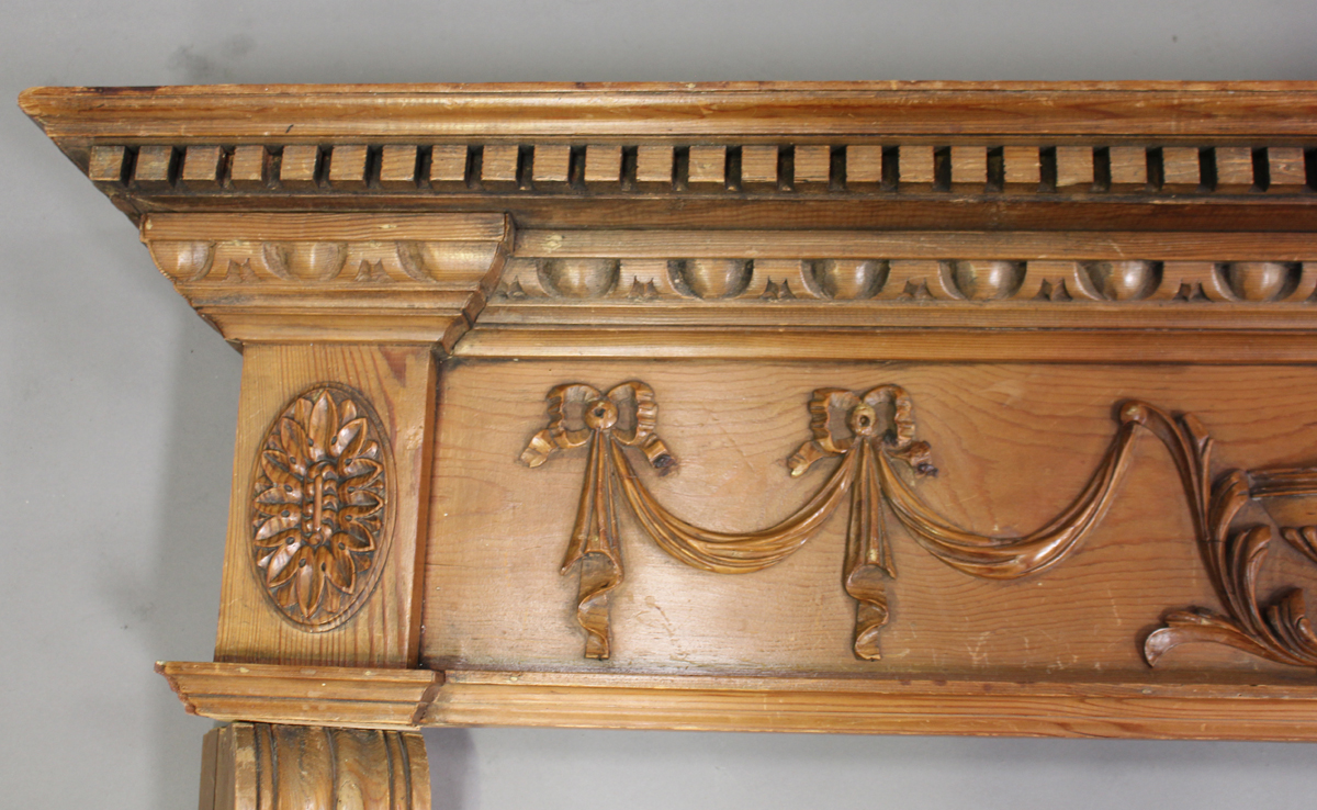 An early 20th century Neoclassical Revival pine fire surround, the frieze carved with central urn, - Image 4 of 4