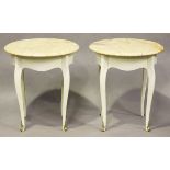 A pair of 20th century cream painted walnut lamp tables with marble tops and cabriole legs, height