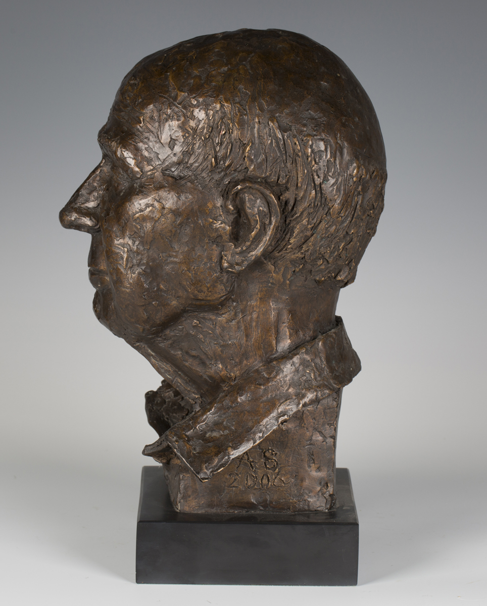 Ann Scott - a late 20th century brown patinated cast bronze bust portrait of Peter Sebley, inscribed - Image 2 of 7