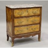 An 18th century French walnut chest of three drawers, the serpentine-fronted marble top above