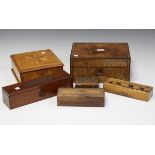 A late Victorian burr walnut and kingwood crossbanded work box, width 28cm, a mid-Victorian walnut
