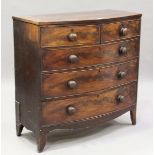 An early Victorian mahogany bowfront chest of two short and three long drawers, on outswept