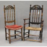 A mid-17th century provincial ash armchair, the arched panel top rail above a spindle back and