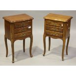 A pair of late 20th century French stained beech bedside chests of three drawers, height 68cm, width