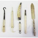 A small group of collectors' items, including a 19th century ivory and silver pique inlaid