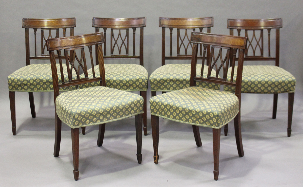 A set of six George IV mahogany bar back dining chairs, height 84cm, width 51cm (restoration and