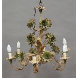 An early 20th century French tole painted wrought metal six-branch ceiling light, applied with