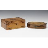 A 19th century burr maple and foliate penwork box, width 27cm, together with another box with