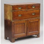 An early Victorian teak and brass mounted campaign chest top section, raised on an associated