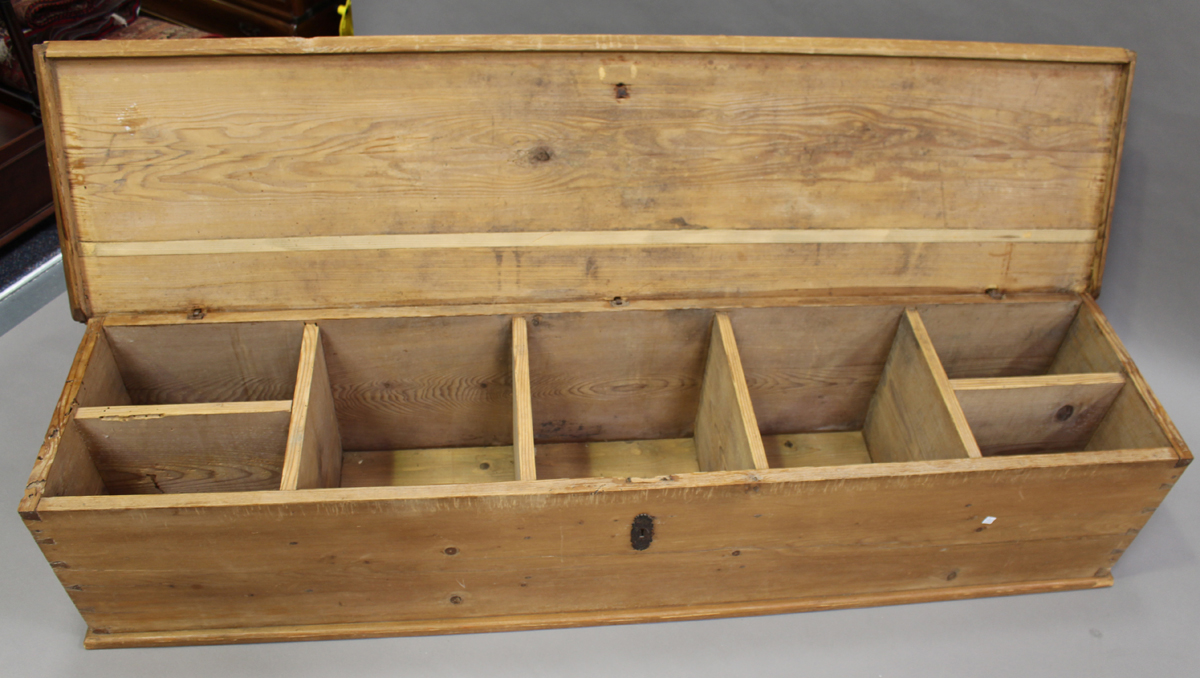 A late 19th century long pine trunk, the hinged lid enclosing a compartmentalized interior, height - Image 3 of 4