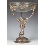 An Art Nouveau plated pewter centrepiece bowl, possibly WMF, the circular cut glass bowl supported