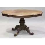 A 19th century mahogany centre table, the shaped top raised on a turned column and scroll legs,