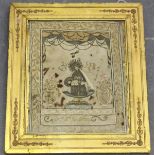 An 18th century silk and metal thread devotional panel, worked with a central pieta scene above