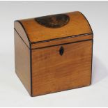 A late George III satinwood tea caddy, the domed lid decorated with a tondo panel of a cherub, width