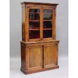 A mid-Victorian walnut and boxwood inlaid bookcase cabinet with gilt metal mounts, height 208cm,