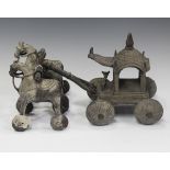 An Indian patinated brass model of a horse-drawn temple carriage, height 24cm, together with a