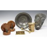 A group of mixed collectors' items and metalware, including a pair of Art Deco oak and gilt brass