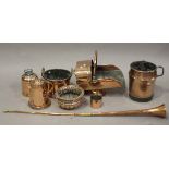 A group of mainly 19th century copper items, including a cylindrical pan, engraved with a crowned '