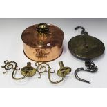 A group of mainly 19th century brass items, including two single light wall sconces, a Dutch ceiling
