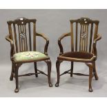 A pair of George V mahogany framed elbow chairs with carved and pierced comb backs, height 98cm,