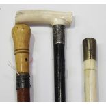 A Queen Anne ivory handled Malacca walking cane, length 75cm (faults and cut down), together with