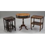 An early 20th century mahogany nest of three tables, width 44cm, a 20th century reproduction two-