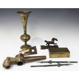An 18th century cast brass barrel tap, length 31.5cm, a 19th century patinated bronze model of a