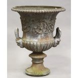 A mid-19th century grey painted cast iron garden urn of classical campana form, attributed to Andrew