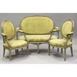 A 19th century Louis XVI style French green painted walnut showframe three-piece salon suite,