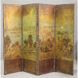 A 19th century leather four-fold screen, painted and gilt with a view of the River Thames and London