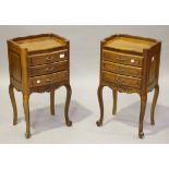 A pair of late 20th century French stained beech bedside chests of three drawers, height 71cm, width