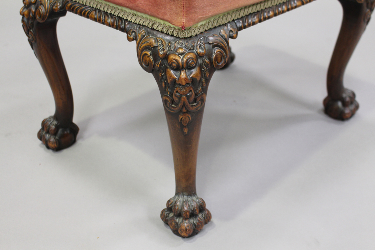 An early 20th century George II style stained walnut stool, the overstuffed seat upholstered in pale - Image 3 of 3