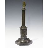 A 19th century brown patinated cast bronze table lamp, raised on a hexagonal base, height 39cm (