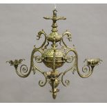 A 19th century brass three-branch ceiling light, cast with swags and flowerheads, height 53cm,