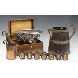 An early 20th century coopered oak jug, height 30cm, a chromium plated Kodak developing box,